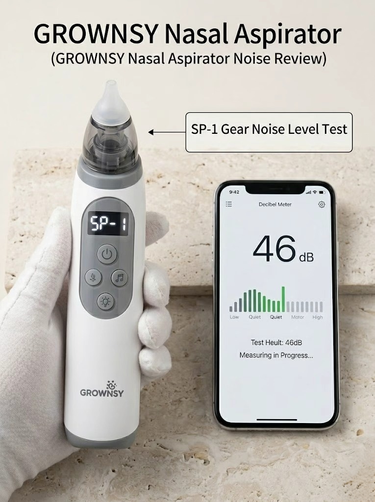 Grownsy nasal aspirator SP-1 sound meter reading showing 46 dB